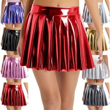US Women's Metallic Glossy Pleated Skirt High Waist Bodycon Miniskirt Clubwear