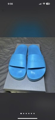 Balenciaga Chunky Slide Blue Rubber Logo Slip-On Womens Comfort