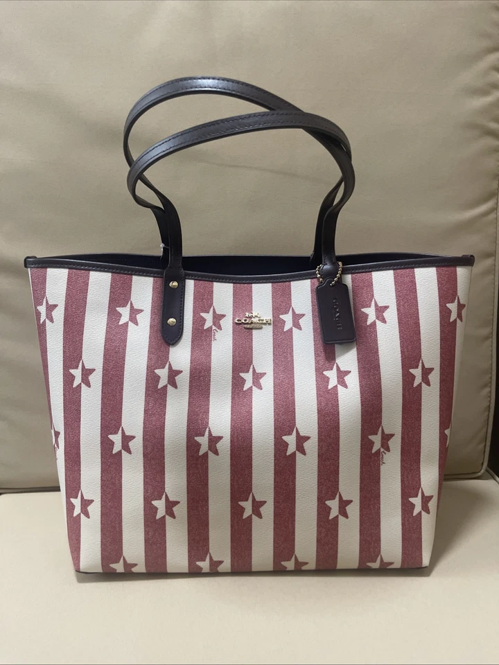 Bolso de hombro Coach Star a rayas norte sur rojo blanco con ribete de cuero Foto 2 de 4