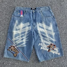 Vintage Philadelphia 76ers Unk Denim Baggy Jeans Shorts Sz 40 Y2K 2000s NWT Rap