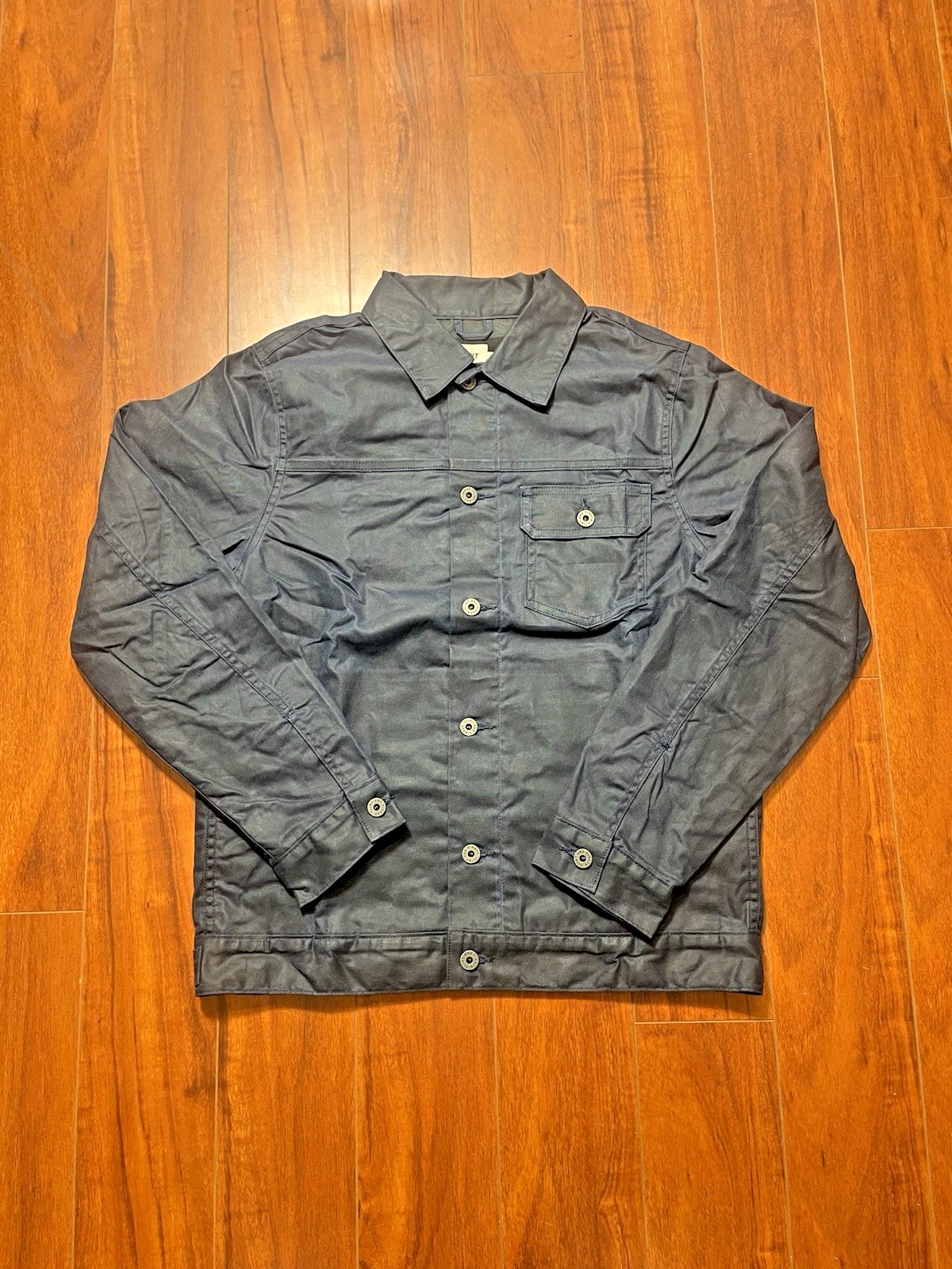 Flint And Tinder Flannel Lined Waxed Trucker Jacket Men Size Medium Navy Blue