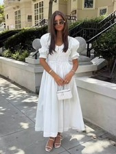 Doen Women's Ischia in white Ruffle Smocked Cotton & Viscose Long Maxi Dress