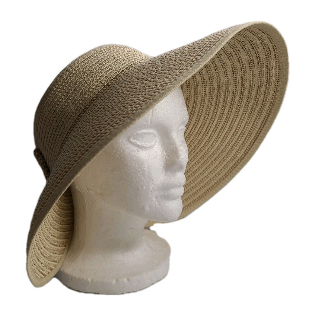 MAGID HAT Beige Straw Sun VISOR Floppy Beach WIDE BRIM Bow  display picture 3