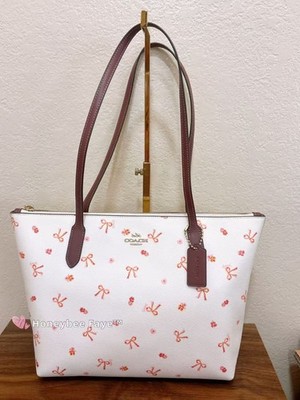 Coach CN627 Zip Top Tote With Bow Tie Print Chalk/ Wine Burgundy