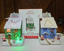 2 Hallmark DECK THE HOUSE 2017 Blue And GREEN Repaint Magic Ornament Sound Light