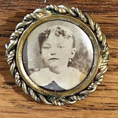 Antique Victorian Photo Brooch Date Inscribed Young Girl Mourning C-Clasp Pin
