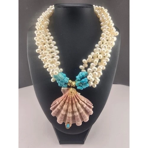Vintage Helga Wagner Necklace Pearl Turquoise Shell Pendant Gold Tone 17in