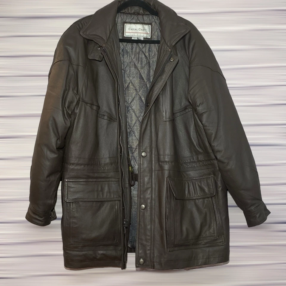 Vintage Casual Craft Genuine Leather Lined Inner/Outer Pockets Men's Coat Jacket - Image 3 of 4