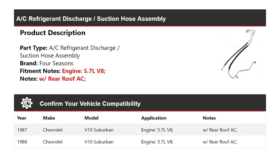 Conjunto de manguera de línea de succión de descarga para Chevrolet V10 Suburban 1987-88 4 mares Foto 2 de 4
