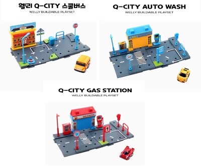 Welly Q City School Bus Auto Wash Gas Station Buildable Connectable Playset