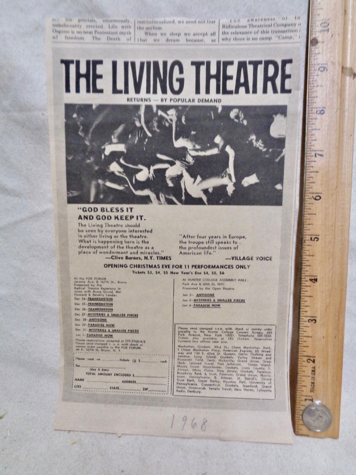 NYC vintage AD LIVING THEATRE art weird NUDE play Frankenstein & Antigone 1968