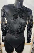 House of CB London Exotic Sheer Black W/ Embellishment L/S Thong Bodysuit Sz XS