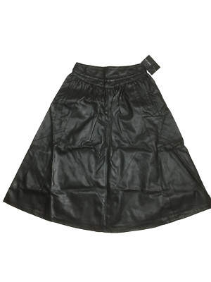 NWT ZARA Basic Black Faux Leather A Line/Flare Midi Skirt Womens sz XS