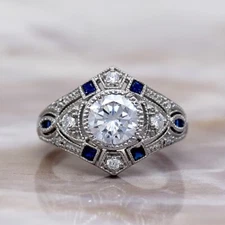 1.50CT Classic Art Deco Lab Created Diamond Sapphire Engagement 925 Silver Ring
