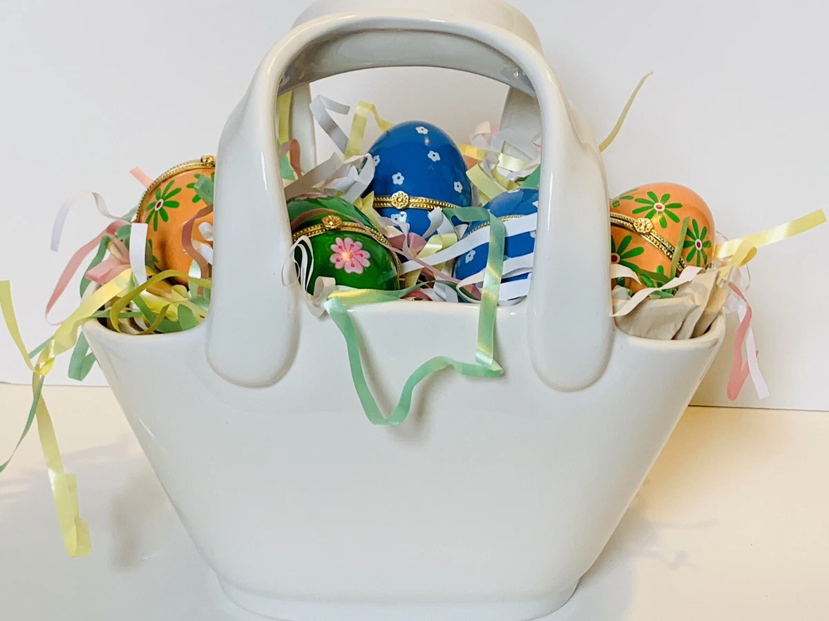 Pottery Barn Creamware Easter Basket White Ceramic W/ 5 Hinged Egg Trinket Boxes