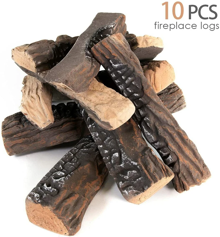 Troncos de chimenea de gas de 10 piezas, juego de troncos de chimenea de gas de madera cerámica cibernética Foto 2 de 2