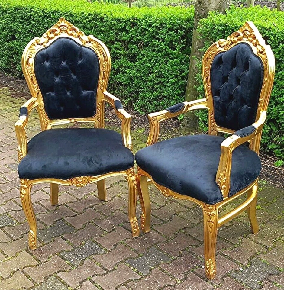 Кресла итальянское барокко золотой лист черный бархат комплект - ручной работы роскошь - Изображение 2 из 4
