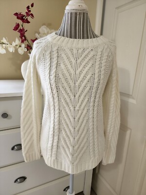 Joe Fresh Women`s White Acrylic Gable Knit Crew Neck Sweater