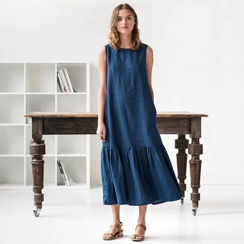 OFF WHITE Abito donna tubino smanicato aderente abito lungo Falbala volant cotone lino