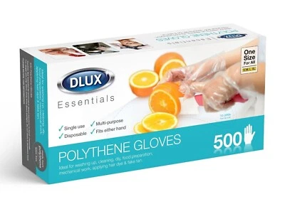 DLUX 500 Disposable Plastic Gloves PE Polythene Clear Catering DIY Food Car Safe Prep