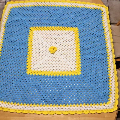 Afghan Crochet Throw Lap Blanket  43x43 Blue Yellow White Colorful Hand Made
