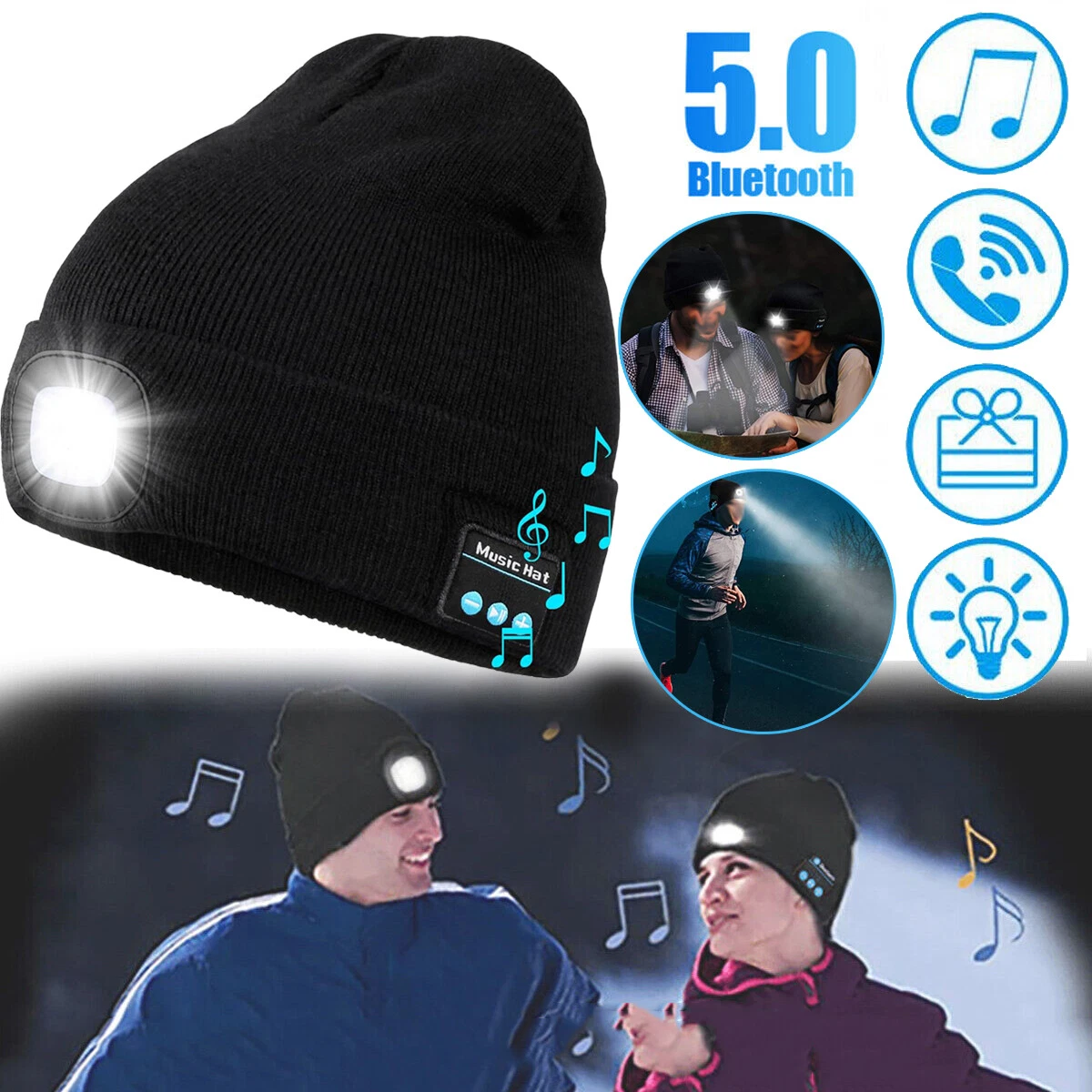 Unisex Bluetooth Beanie Hat Light Up Hat LED Torch Music Speaker for Camping 5.0