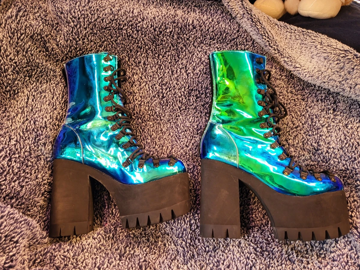 Holographic GOTH Rave BLUE Platform BOOTS Size 8
