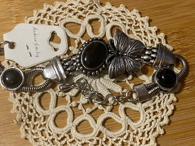 Bracelet Moderniste Vintage Métal Argenté et Pierre - - Photo 1/4