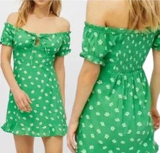 Urban Outfitters Magpie Off Shoulder Mini Dress Green Daisy Floral Size Medium