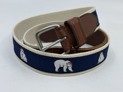 J Crew Golf Belt Men 34 Blue Canvas Brown Leather Webb Santa Winter Polar Bear