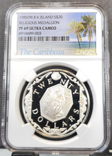 1985 B V ISLANDS SILVER 20 DOLLARS RELIGIOUS MEDAL NGC PF 69 ULTRA CAMEO TOP POP