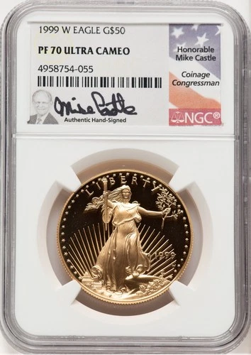 1999-W Proof Gold Eagle 1 oz Mike Castle NGC MS70