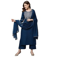GoSriKi Women's Cotton Blend Straight Embroidered Kurta with Pant  Dupatta ...