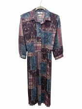 Vintage Lady Carol 80’s Patchwork Print Pleated Long Sleeve Shirt Dress OS