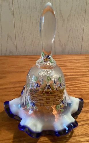 Longaberger 1999 FENTON Hand Painted Bell - Basket Flowers Blue - Signed Vintage
