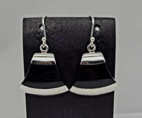 Vintage Modernist Sterling Silver Onyx Gemstone MCM Hook Dangle Earrings - 9.8g - Picture 1 of 4