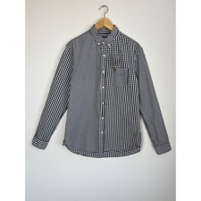 Desigual Sz L Mixed Gingham Button Down Shirt Black White Patchwork Boho