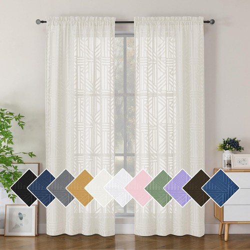 Ivory Semi Sheer Curtains 84 Inches Long 2 Panels, Light Filtering Geometric ...