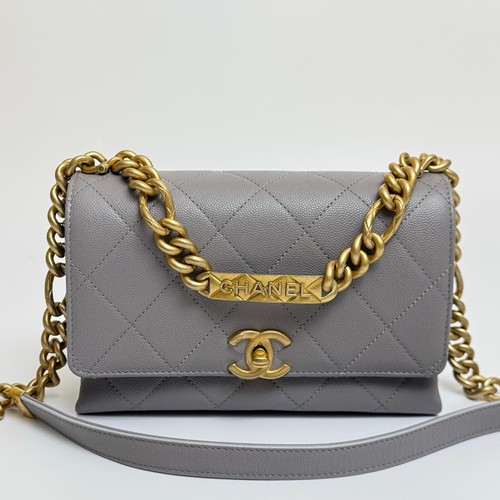 CHANEL Chic Afinity Flap Bag Grey Caviar Leather Aged GHW Crossbody Bag 21A