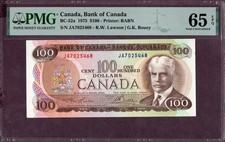 Canada 100 Dollars Banknote 1975 Condition I UNC FDS S/N JA7025468 P. 52a 65EPQ