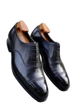 Handmade Formal Black Genuine Leather Cap Toe Oxford Lace Casual Shoes For Men