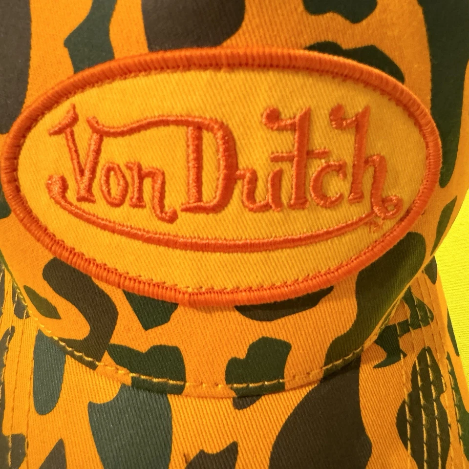 Raro sombrero de camionero Von Dutch naranja/amarillo camuflaje Snapback - ropa de calle Y2K nuevo sin etiquetas Foto 2 de 4