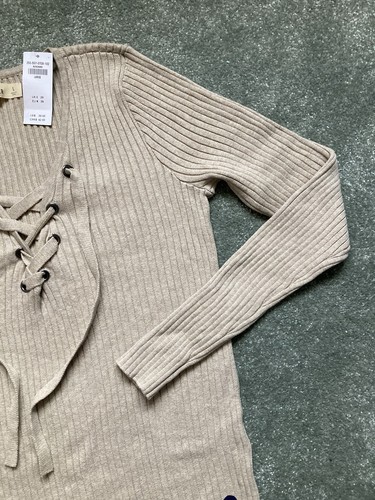 Top donna Hollister taglia grande marrone sabbia elasticizzato cravatta davanti a costine nuovo con etichetta - Foto 5 di 14