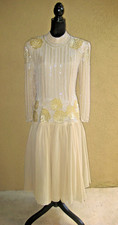 Oleg Cassini Y2K silk beige pearl sequin drop waist chiffon midi party dress 8