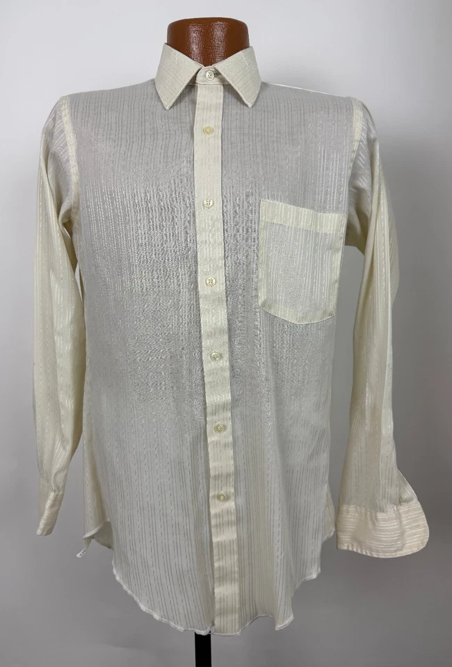 Camisa de Vestir Vintage Años 80 Jacquard Rayas Hombres M Ajustada Calce Cónico Marfil 15 32 33 Foto 2 de 4