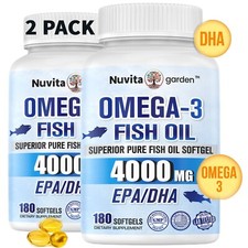  2pack 4000mg Omega-3 180 Softgels Triple Strength Burpless Fish Oil Supplement