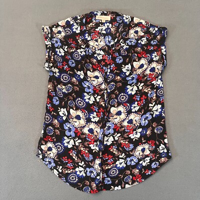 Philosophy Women's Sz XS Floral Black Sleeveless Keyhole Neck Blouse Cuff Sleeve
