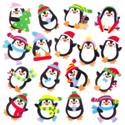 GILCHRIST Christmas Stickers Cute Penguins 30 Self Adhesive Foam Shapes 35-45mm Kids Craft