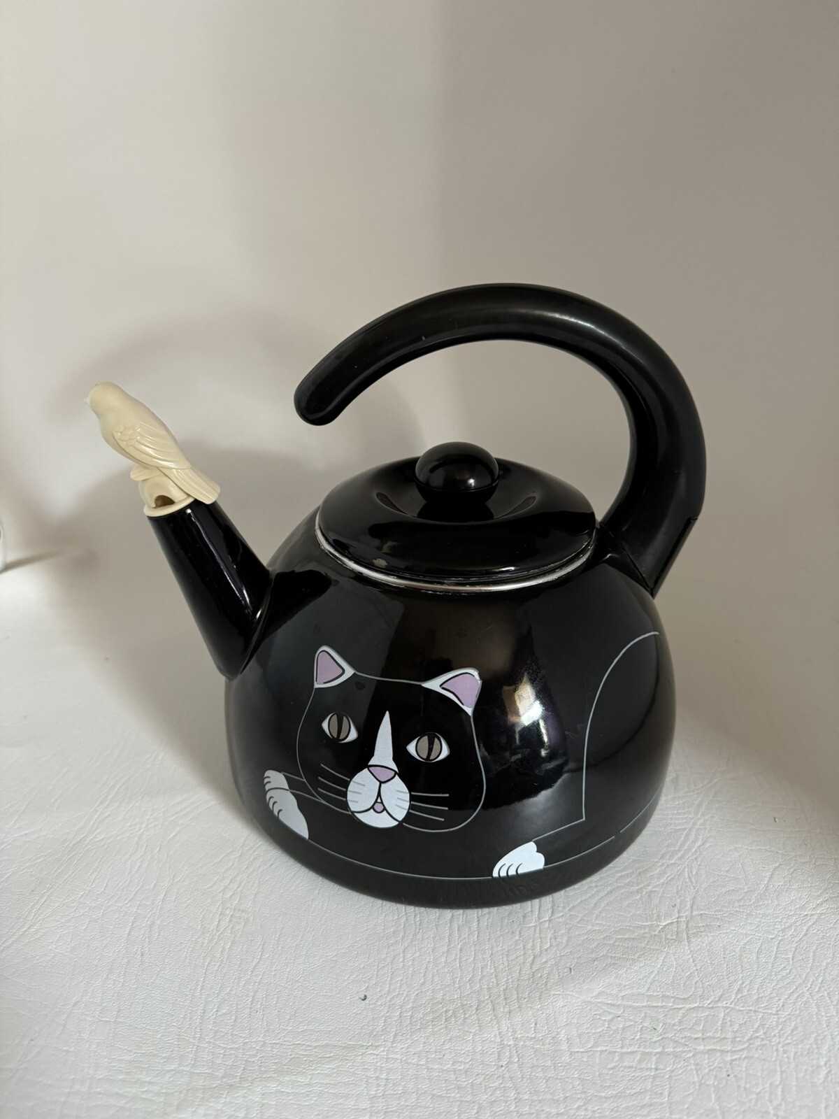 Vintage Kamenstein Black Cat Metal Enamel Tea Kettle Pot White Bird