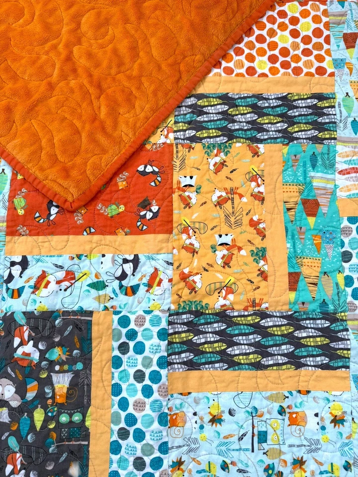 学步宝宝狐狸森林被子毯抓绒手工橙色青绿色 40x50 — 第 4/4 张图片